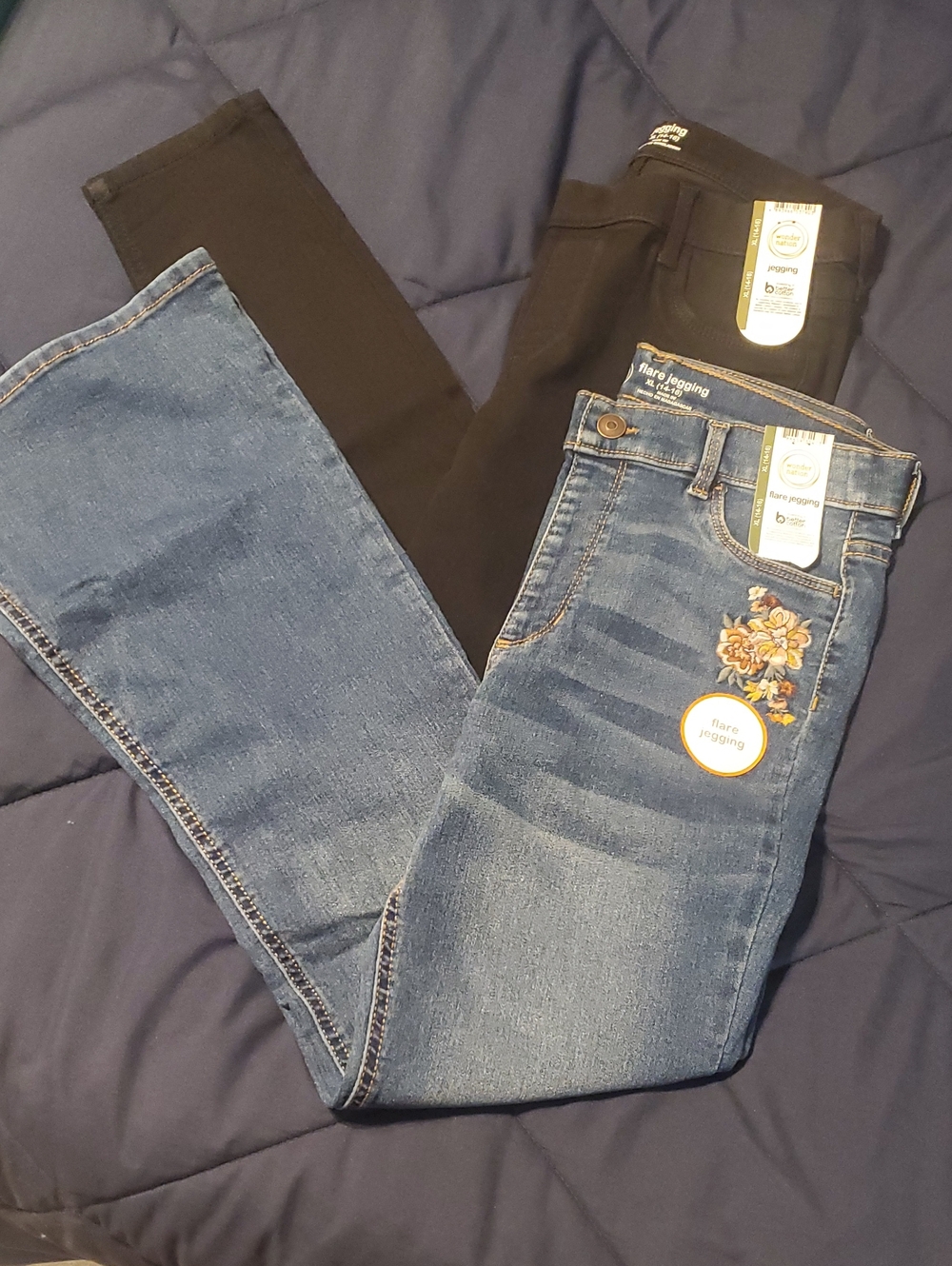 wonder nation Blue Denim Jeans with Embroidered Floral Detail & Black Jeggings